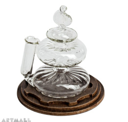 Blowen glass inkwell with pen stand.on simil wood carton base cm 9.4x10h