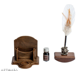 Desk set 10cc ink, blotter w/pen stand, quill, simil-wood
