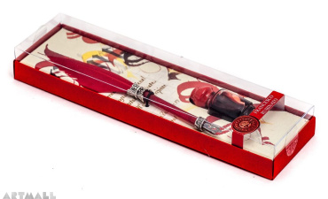 Writing set, Red quill with wide metal nib 15 cm & Red ink 5cc