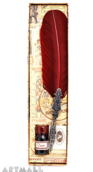 Writing Set: Metal handle with decoration, Bordeaux  turkey feather, broad metal nib, 10cc ink