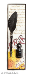 Writing set, Black quill with wide metal nib 15 cm & Black ink 5cc