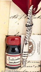 Old fashion: Bordo quill, decorated nibholder, metal cut nib & 10cc bordeaux  ink