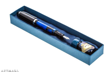 Set fountain pen + 10 cc ink bottle in gift box, blue color