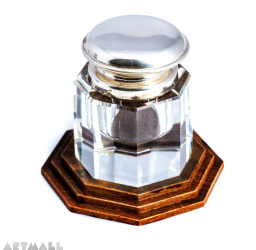 Crystal inkwell, silverplated lid, similwood base