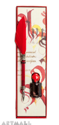 Writing set, Red quill with pointed metal nib 15 cm & Red ink 5cc