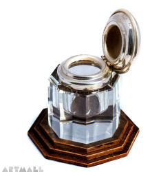 Crystal inkwell, silverplated lid, similwood base