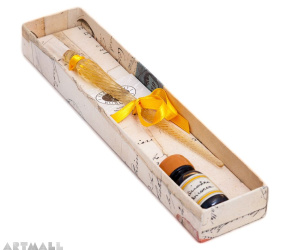 Gift set; glass pen, and ink bottle 10 cc (ml). Color Yellow