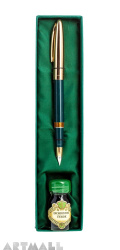 Set fountain pen + 10 cc ink bottle in gift box, green color