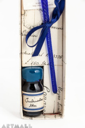 Gift set; glass pen, and ink bottle 10 cc (ml). Color Blue