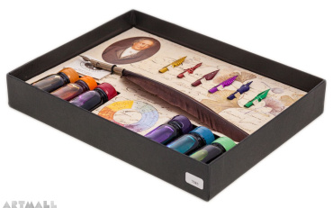 Gift Calligraphy Set, quill with metal nib. 6 nibs assorted, 6 inks bottele assorted colours
