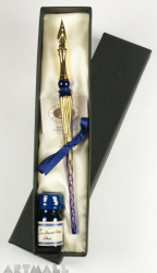 Gift Calligraphy Set, Blue glass pen with metal nib & 10cc ink