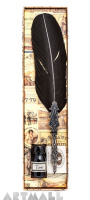 Writing Set: Metal handle with decoration, Black turkey feather, broad metal nib, 10cc ink