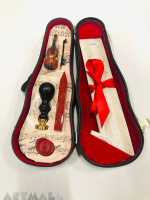 Gift set in reproduction of of violin case with brass seal diam20 and wax stick, decor. violin cm7 w