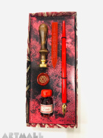 Gift set wooden nibholder, ink bottle 10cc, diam 20mm brass seal w/wooden handle and wick wax stick.
