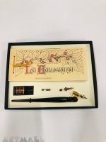 gift set black wooden nibholder for calligraphy with nib, ink 10cc., calligraphic manual & blanc she